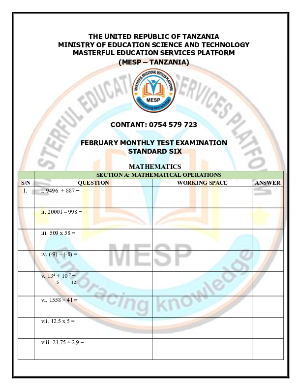 GRADE 6, FEB MONTHLY TEST, MESP TANZANIA.pdf