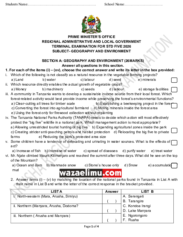 GEOGRAPHY STD 5 MAY  (2026)  - WazaElimu.com.pdf