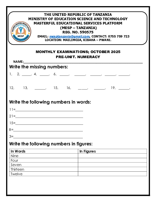 PRE-UNIT, OCT.MONTHLY EXAMS-MESP TANZANIA.pdf